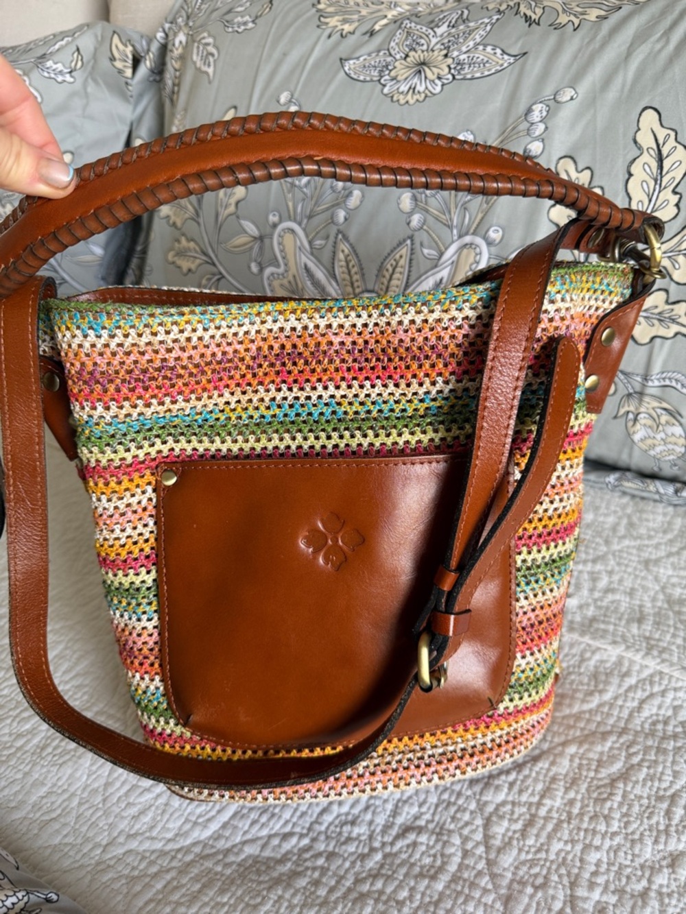 Patricia Nash Leather-Trim Multicolor Crochet Bucket Bag - Brown